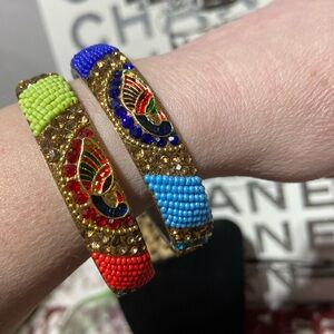 Set of 2 Indian Bangles Peacock Seed Bead Rhinestone Kundan Bracelets